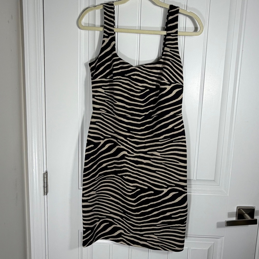 H&M Zebra Print Bodycon Mini Dress Black Tan Square Neck Sleeveless Medium